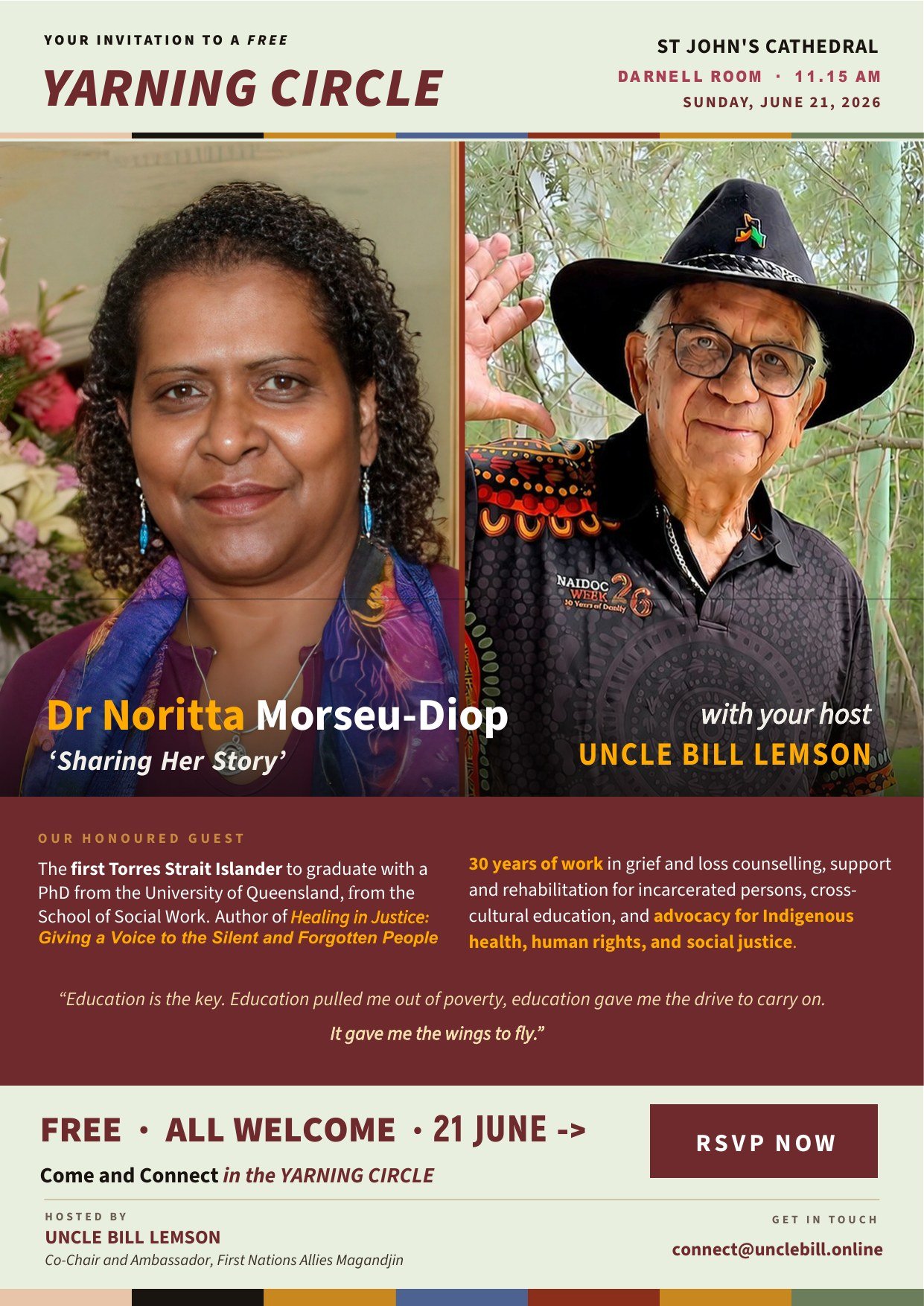 Flyer for Yarning Circle with Dr Noritta Morseu-Diop, Sunday 21 June 2026, Darnell Room, St John's Cathedral, Brisbane. Free.