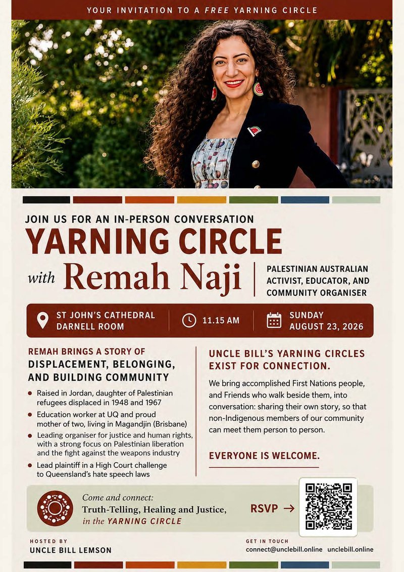 A4 flyer, portrait version: Yarning Circle with Remah Naji, Sunday 23 August 2026, St John's Cathedral