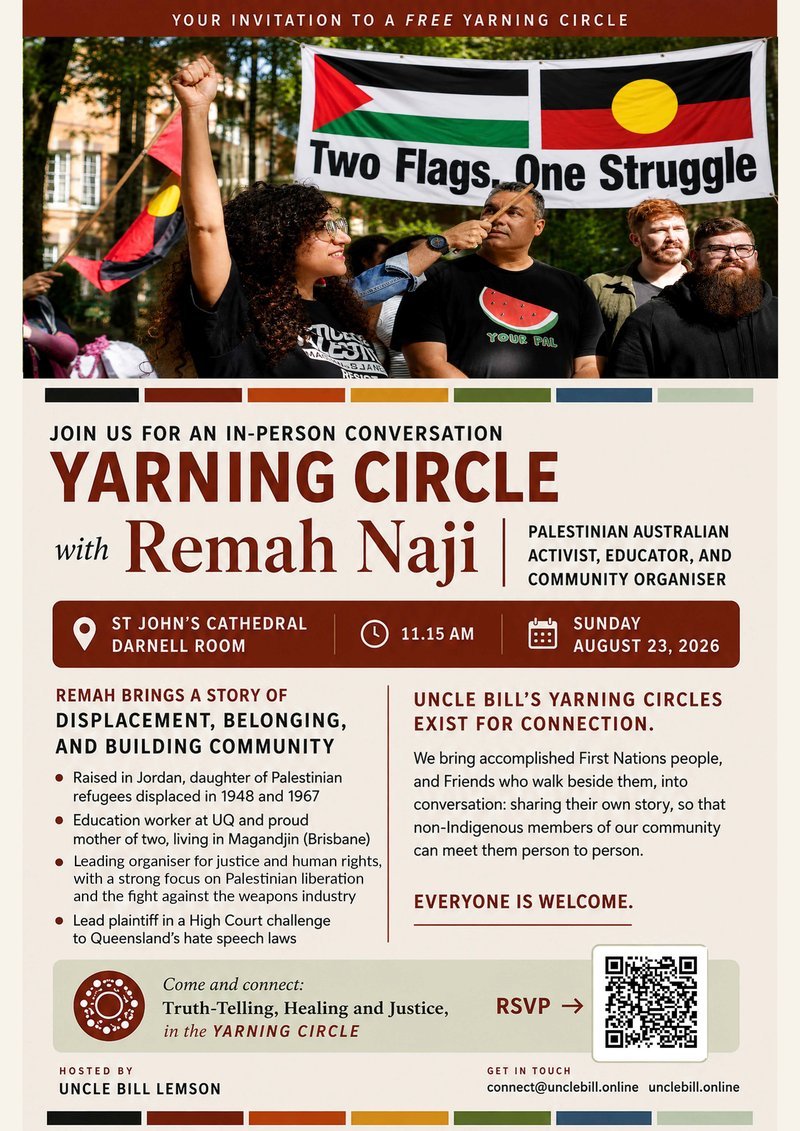 A4 flyer, Two Flags version: Yarning Circle with Remah Naji beneath the Two Flags, One Struggle banner, Sunday 23 August 2026