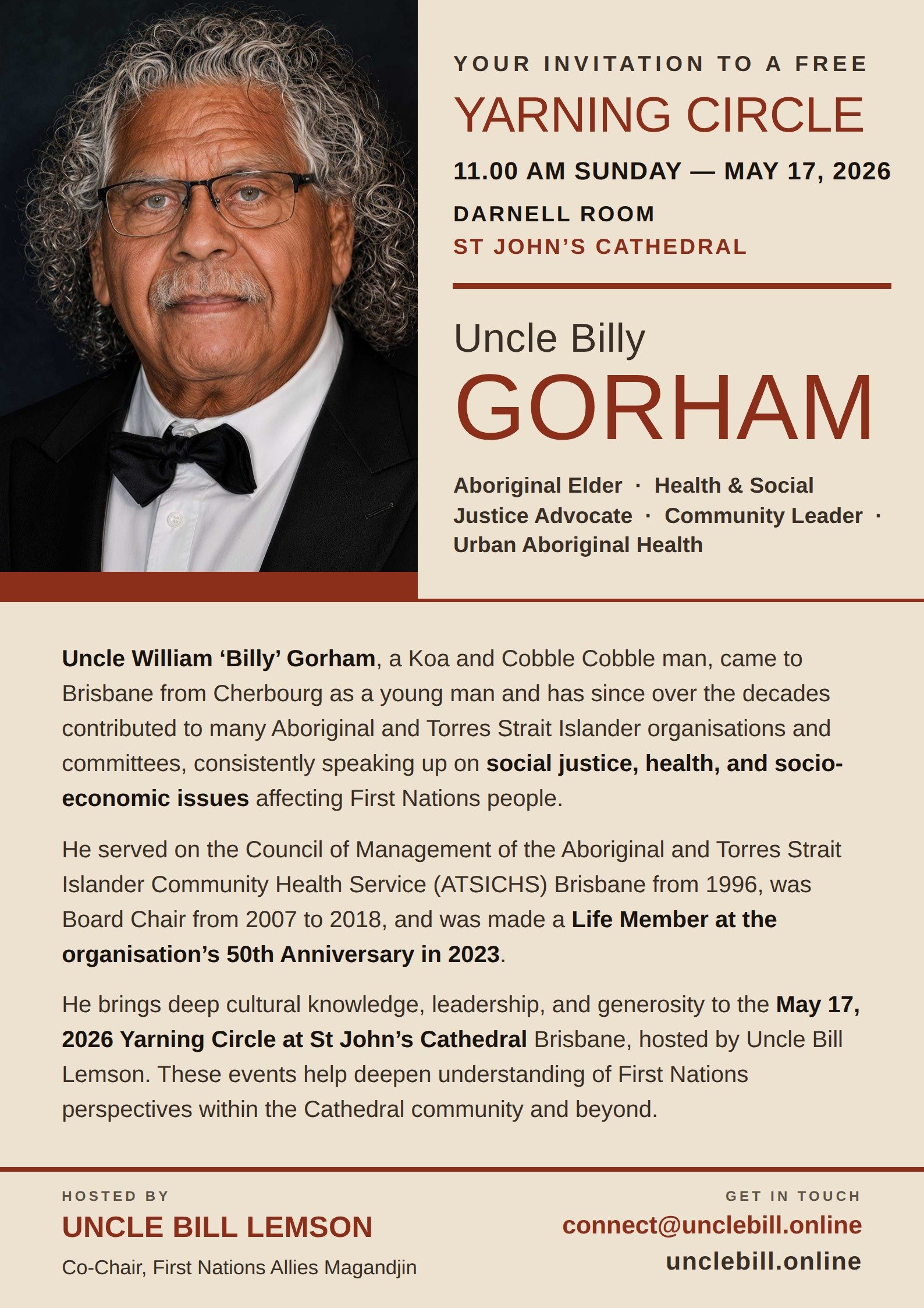 Flyer for Yarning Circle with Uncle Billy Gorham, Sunday 17 May 2026, Darnell Room, St John's Cathedral, Brisbane. Free.