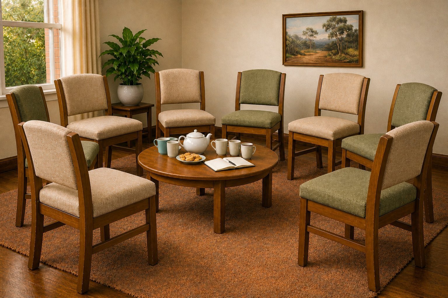 An illustration of a meeting room set up for a yarning circle: chairs arranged in a circle around a low table with tea things and an open notebook.
