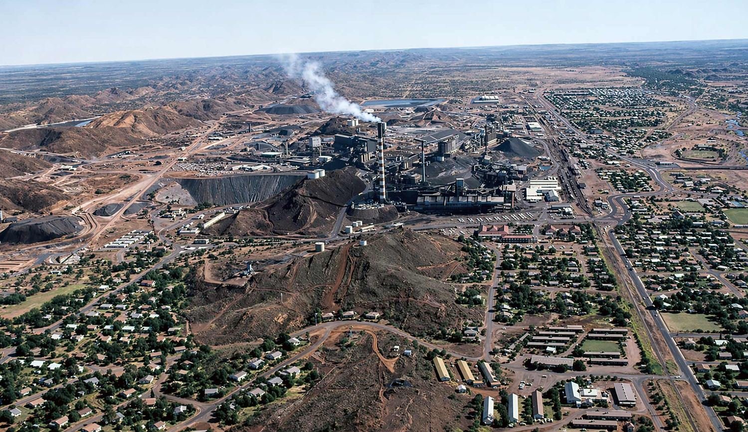 Aerial view of Mt Isa Mines and the surrounding town, showing the smelter stack, mine workings and residential streets stretching into the desert hills.