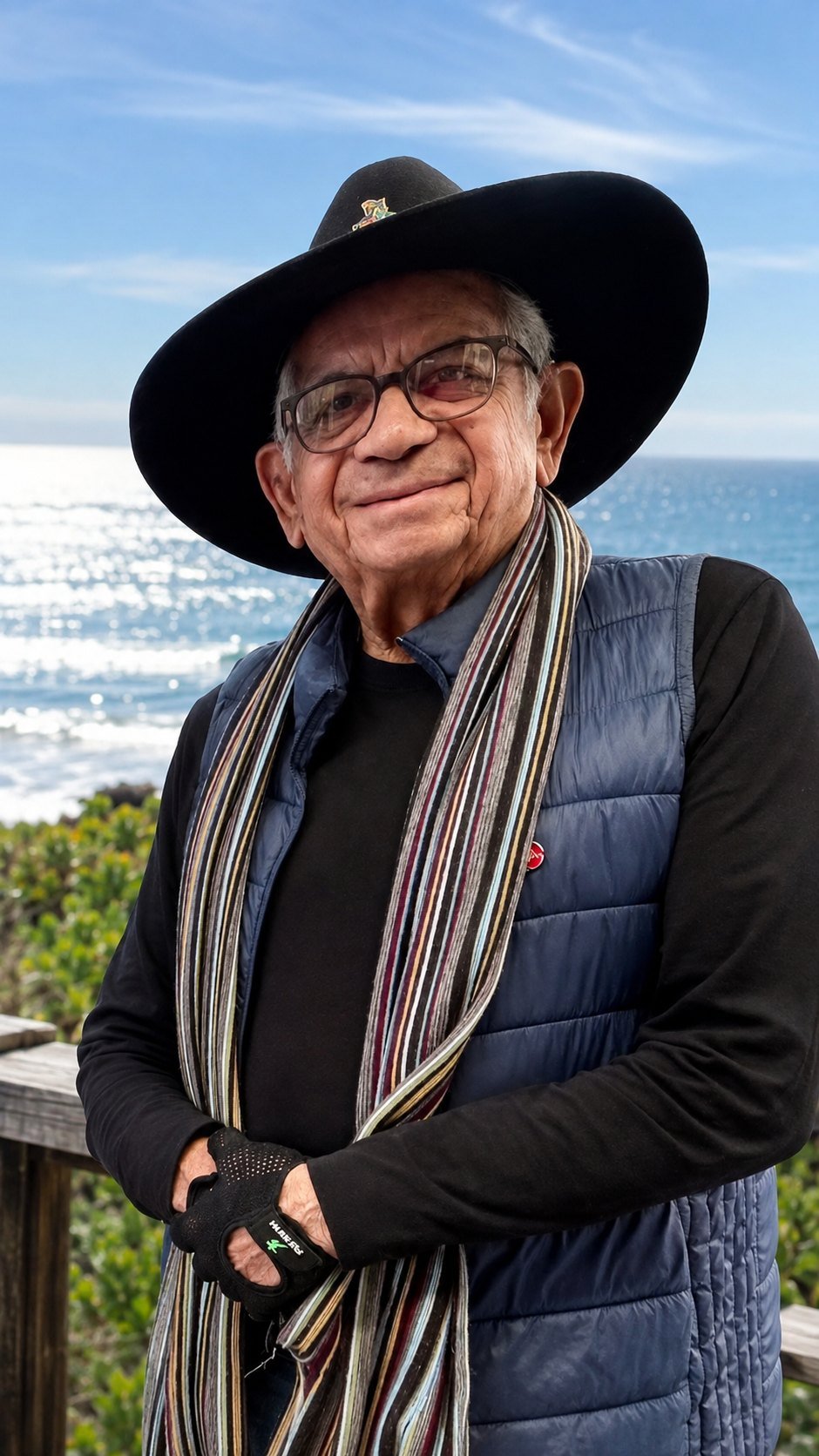 Uncle Bill Lemson by the ocean in his hat and striped scarf, smiling at the viewer.