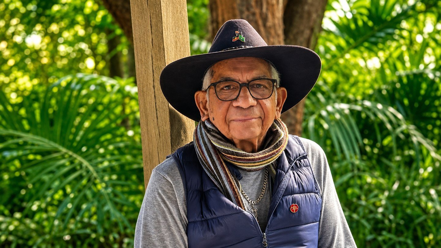Uncle Bill Lemson in his black hat and glasses, wearing a striped scarf and navy vest, smiling gently among green garden foliage