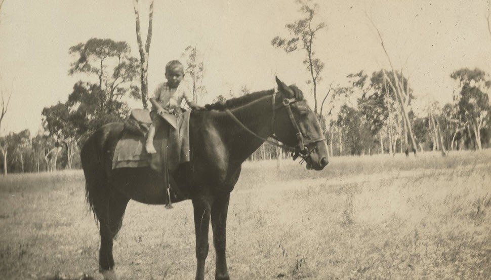Young boy on a saddled horse, Woorabinda, 1933