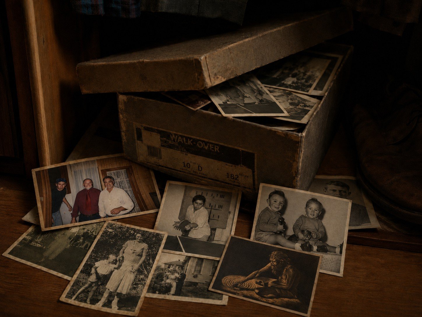 An old shoebox with its lid ajar, spilling family photographs across a wooden floor