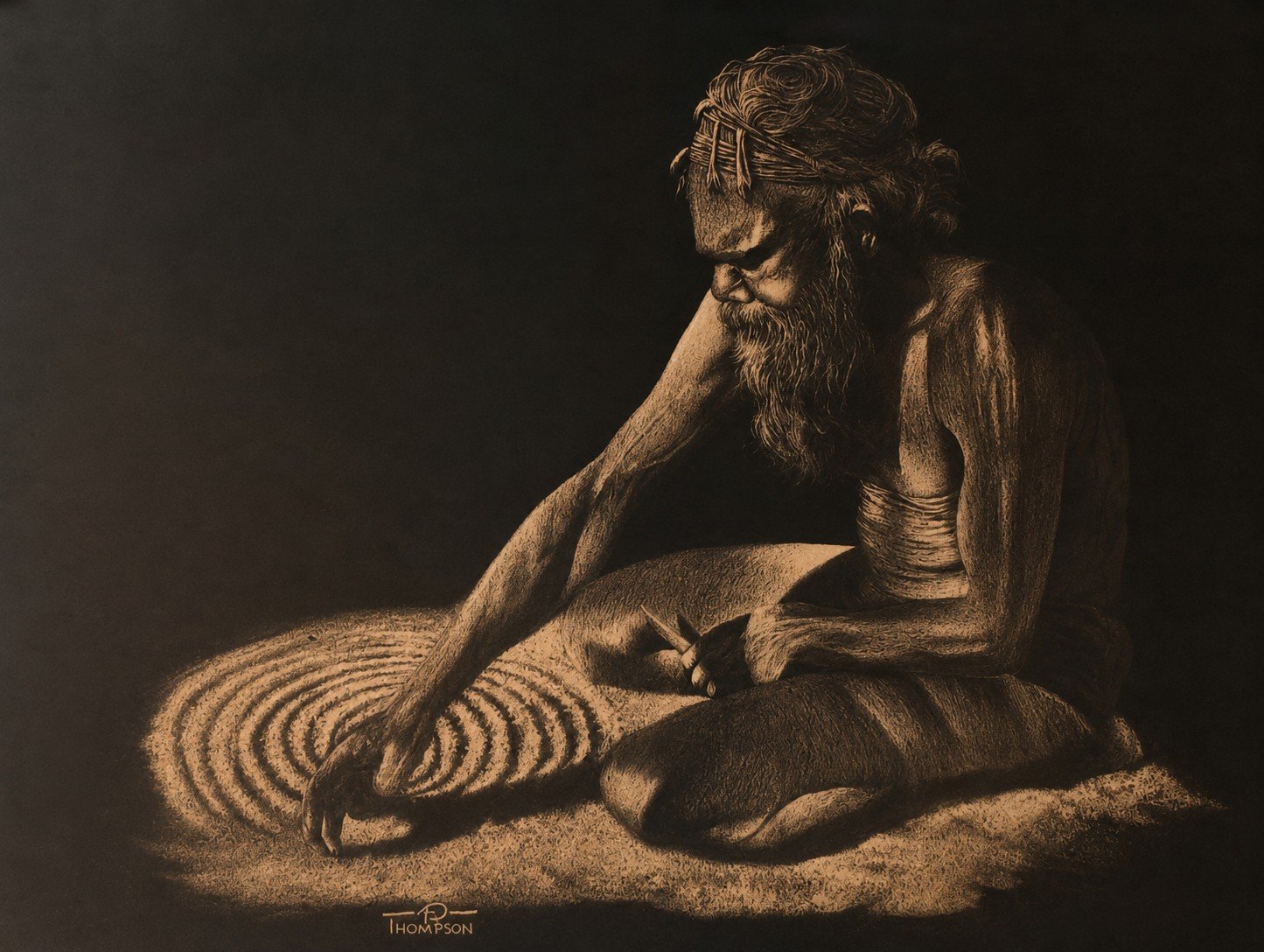 The Storytelling: an artwork of an Aboriginal man seated on the ground, drawing concentric circles in sand, signed Thompson
