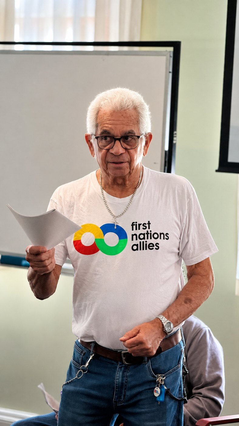 Uncle Bill Lemson, looking toward the camera, holding his notes.