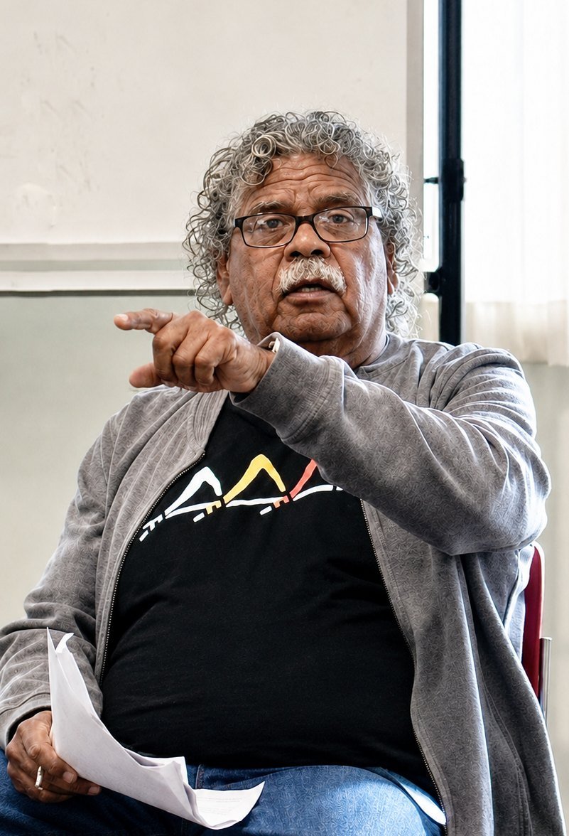 Uncle Billy Gorham gesturing while speaking, pointing with intent across the circle.