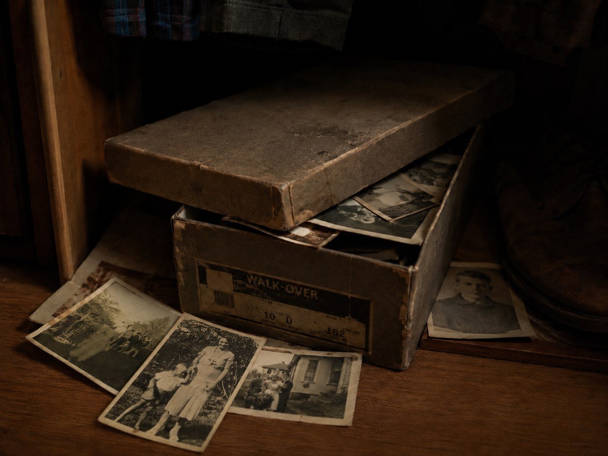An old shoebox in a closet, its lid ajar, with early black and white photographs spilling out.