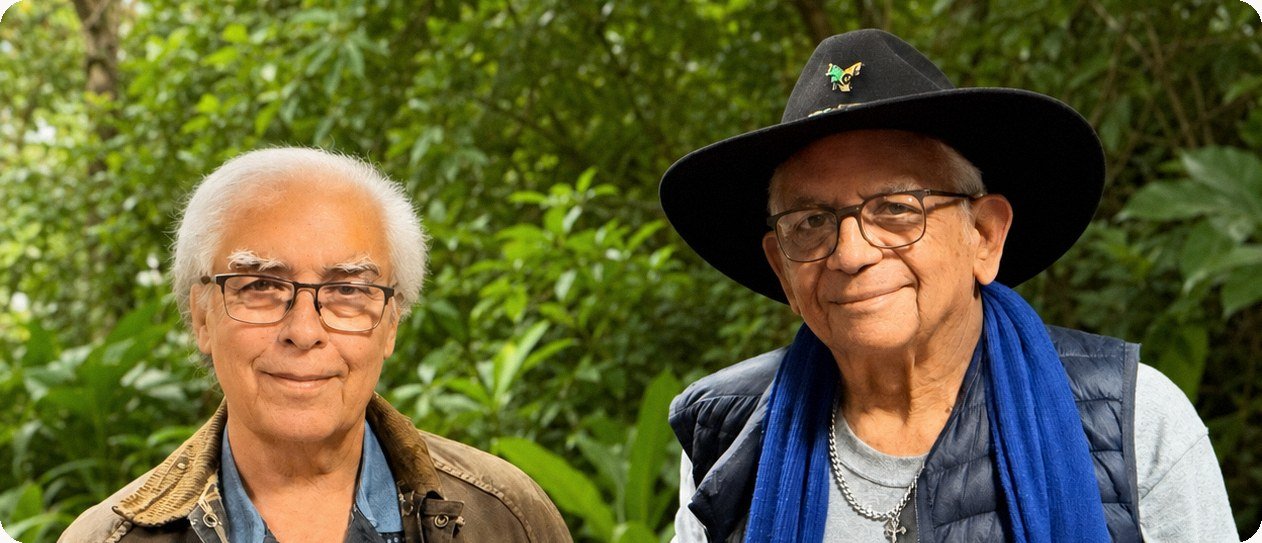 Colin Thomas, a man with white hair and glasses in a brown jacket, standing beside Uncle Bill Lemson, who wears a black hat and blue scarf, in front of green bushland.