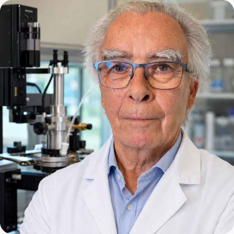 Colin Thomas in a white lab coat and glasses, standing beside precision laboratory instruments.
