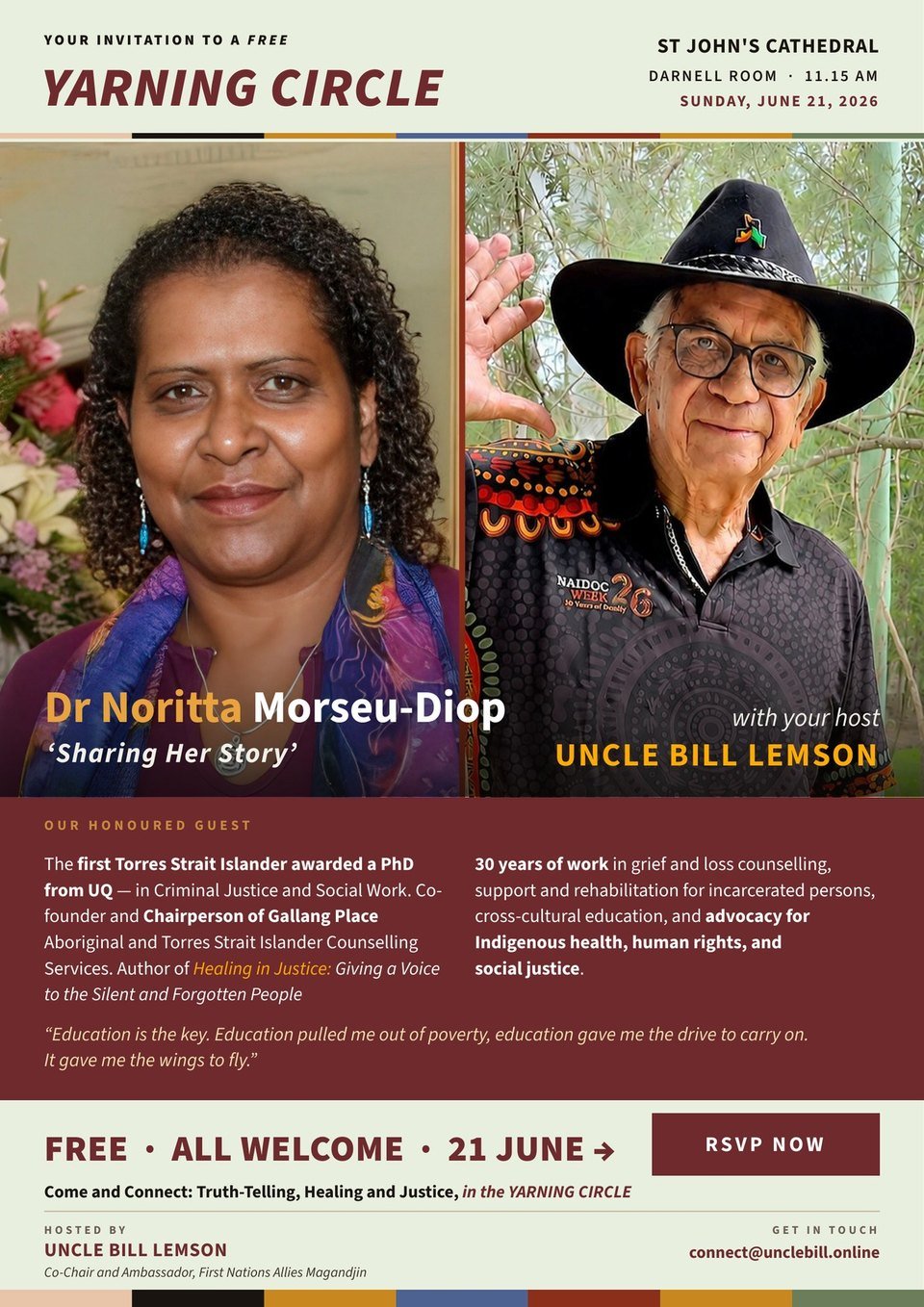 The printable flyer for the 21 June Yarning Circle with Dr Noritta Morseu-Diop.